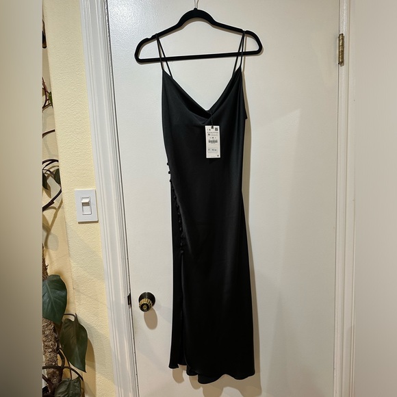 Zara Black Satin Camisole Draped Neck Button Detail Slip Midi Dress - Picture 4 of 7